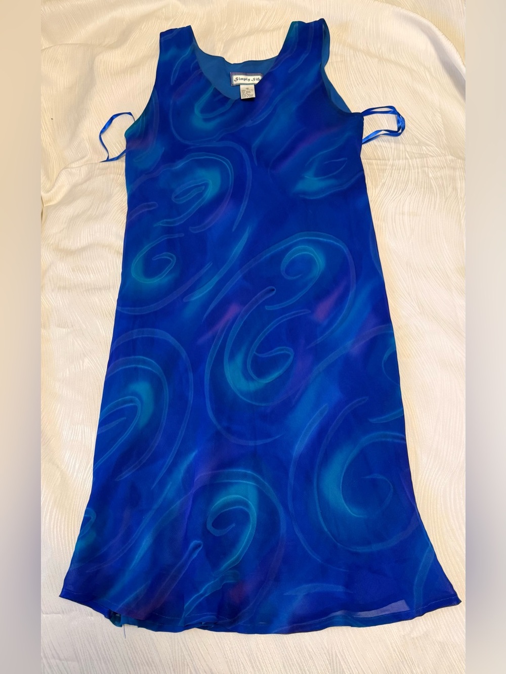 Simply Silk 100% Silk Blue Swirl Dress M Vintage 90s Watercolor Abstract Sheath